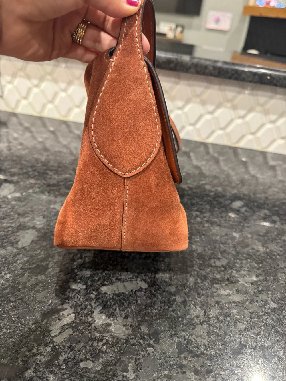 COACH Chelsea 30 in clay suede shoulder bag with gold hardware